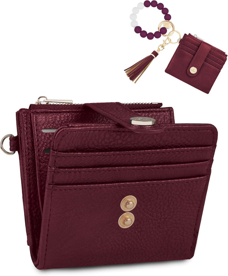 Sunpour Small Wristlet Wallets for Women Keychain Wristlet Wallet RFID Blocking Key Chain Wallet With Zipper Coin Pocket,2 Id Window (Burgundy) - Image 1